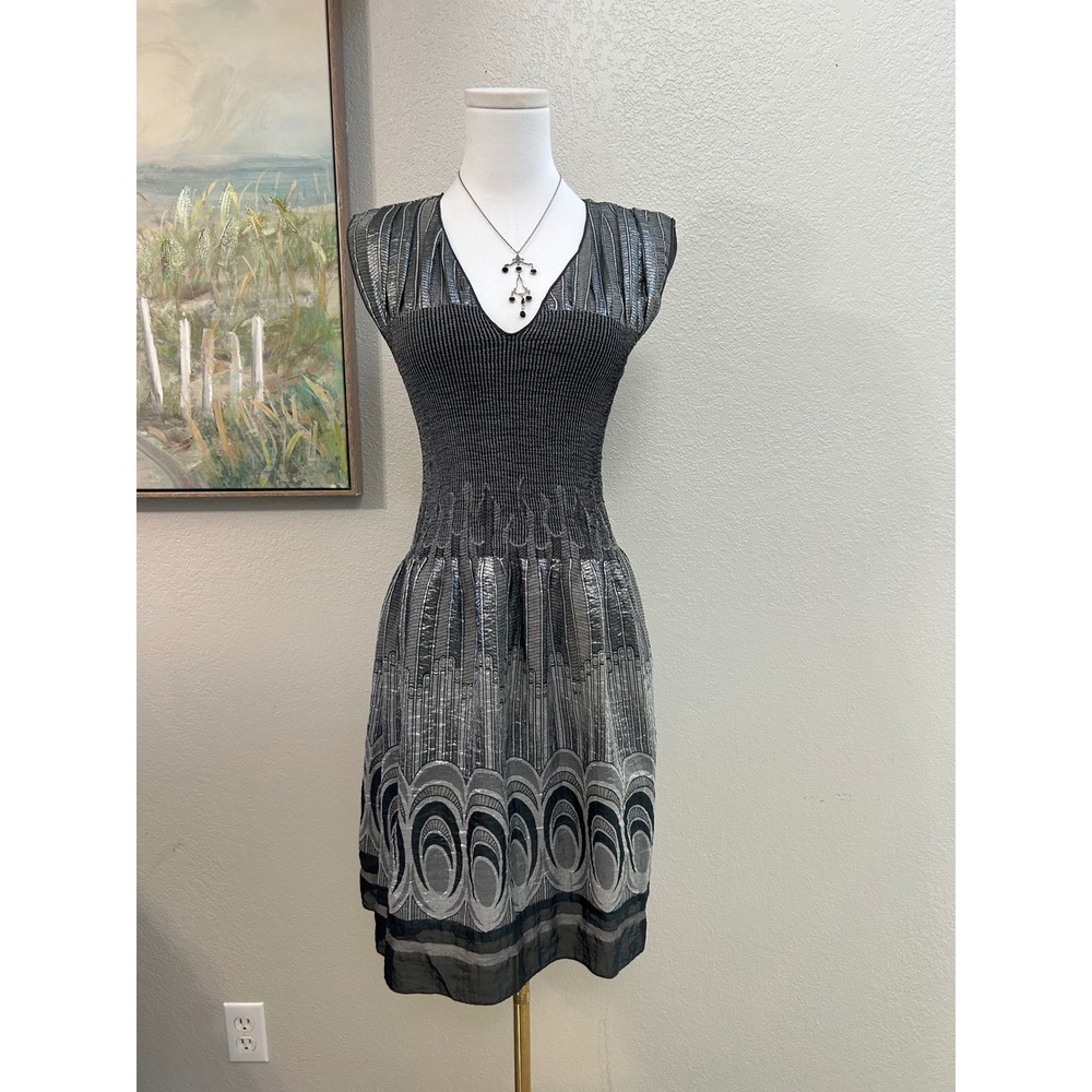 MSSP Max Studio Silver Metallic Art Deco Smocked Waist Boho V-Neck Dress Small